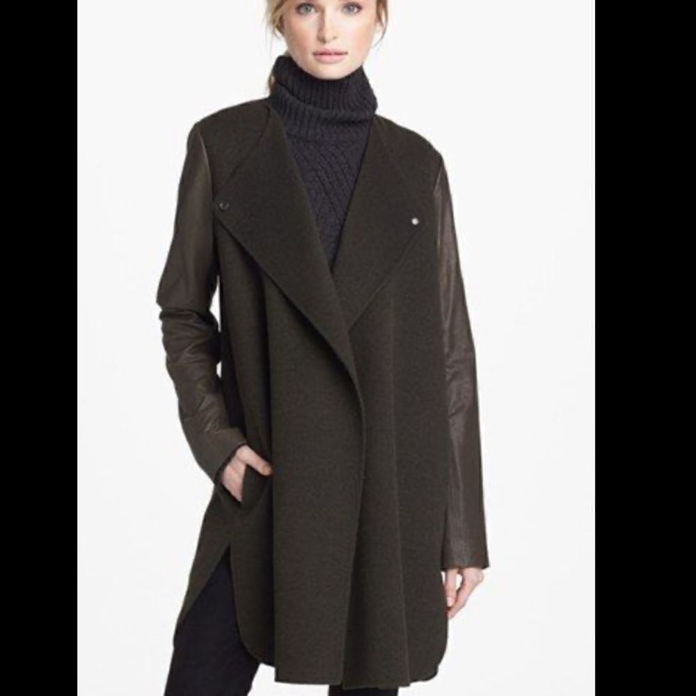 Vince Leather Sleeve Double Face Wool Coat